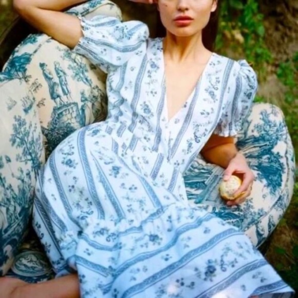 SOLD NEW Reformation Summer Wrap Linen Midi Dress White Blue Floral M Medium NWT - Picture 11 of 11